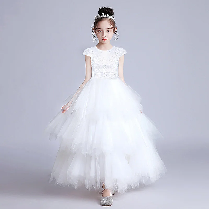 

Tutu Princess Wedding Flower Girl Dress Baby Clothes Children's Day Catwalk Host Piano Performance Costume O-Neck Puff Sleeve