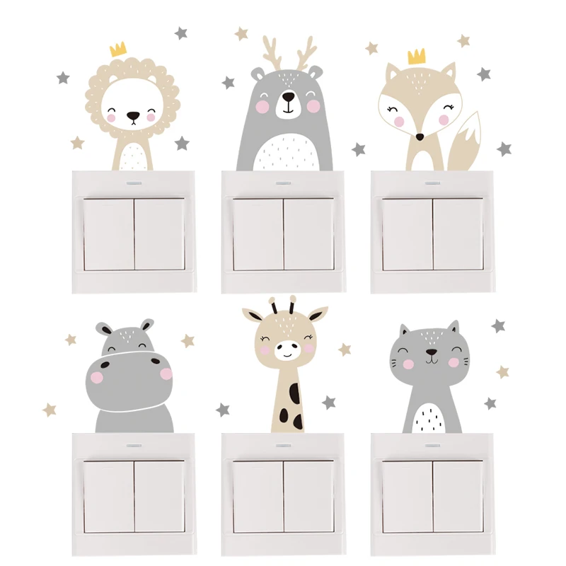 6 teile/satz Boho Farbe Nette Lächeln Cartoon Tiere Schalter Aufkleber für Wand Kinderzimmer Baby Kinderzimmer Wand Aufkleber Sterne wohnkultur – Detail 1