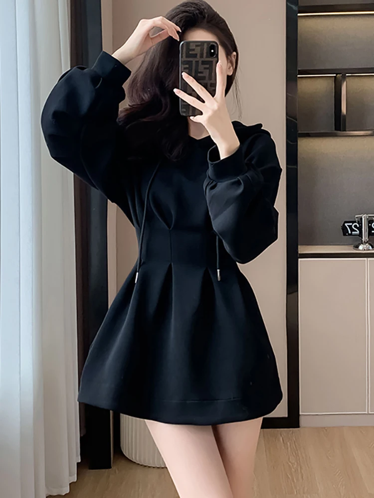 Black Long Sleeve Chic Hooded Short Dress Women Autumn Winter Elegant Bodycon Casual Dress 2024 Korean Vintage Hepburn Vestidos