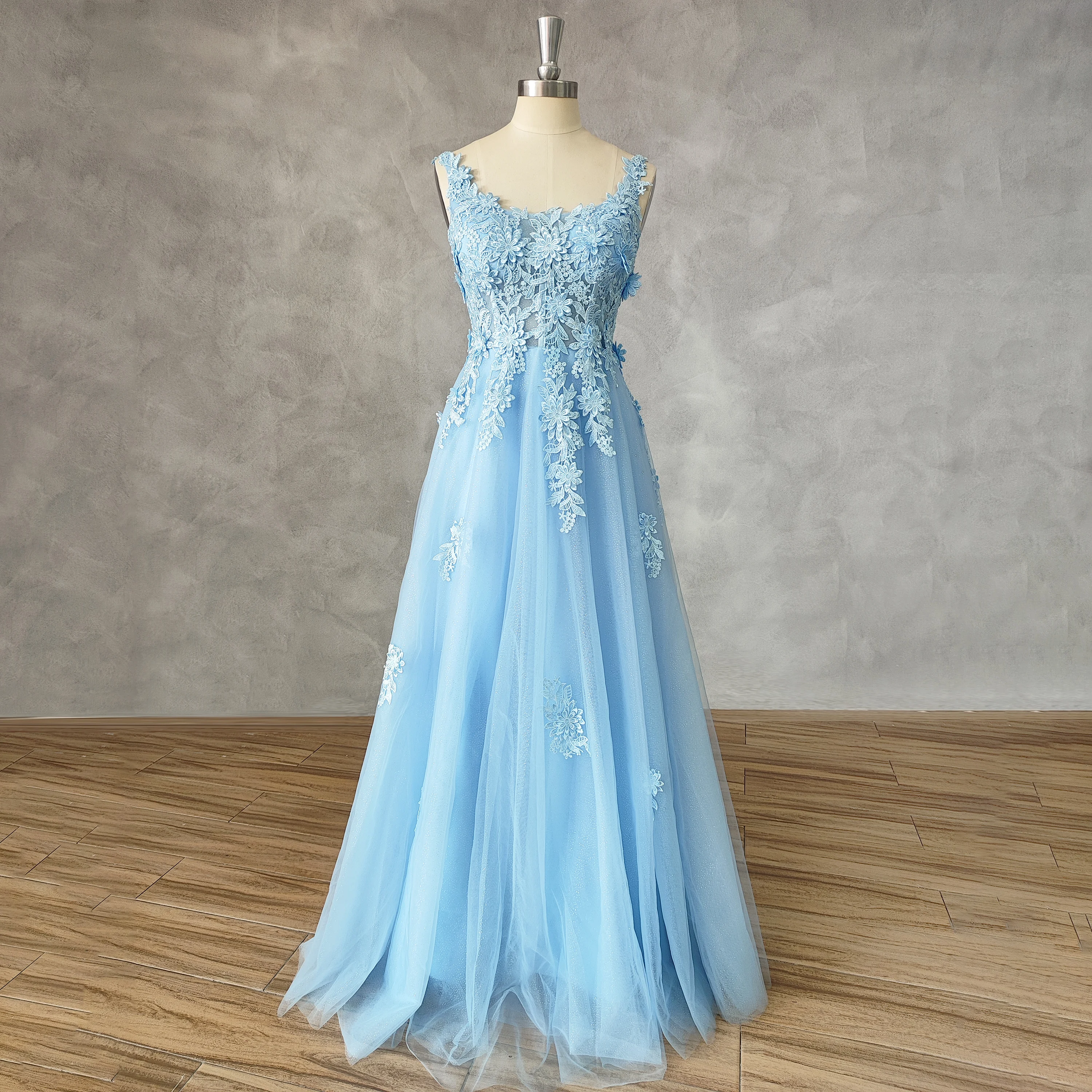 DIDEYTTAWL Real Photos O-Neck Flower Appqiques Tulle Prom Dress Sleeveless A Line Lace Up Back Fairy Floor Length Evening Gown