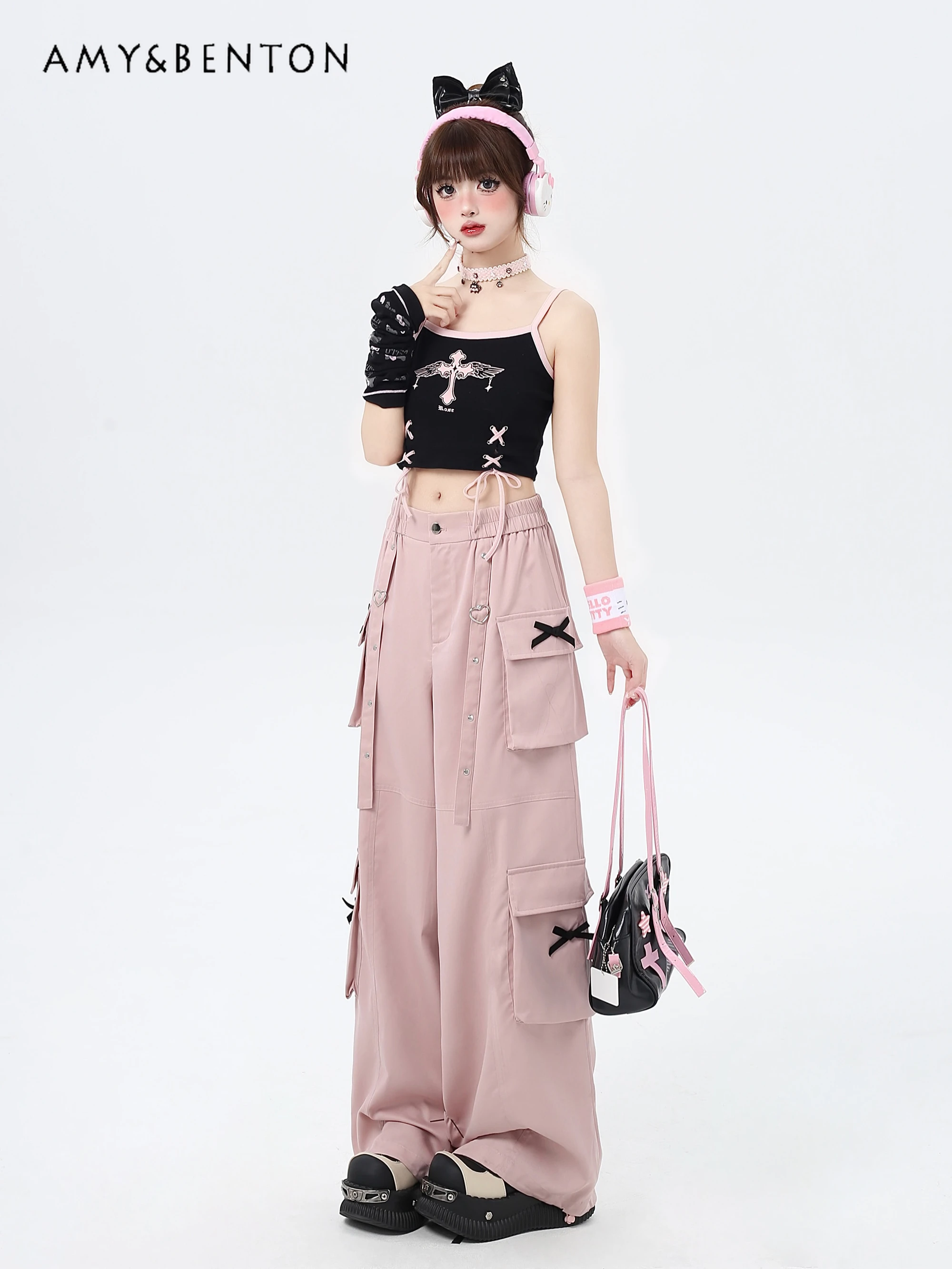 

Summer Thin Sweet Street Straight-Leg Pants Preppy Style Cute Bow Color Matching Wide-Leg Pants Hot Girl Y2K Cargo Pants Women