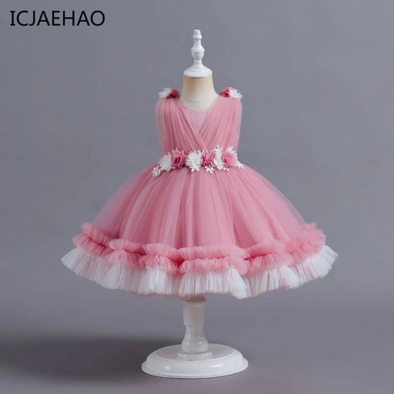 

ICJAEHAO Baby Girl 1 Year Birthday Dress Layered Tulle For Pageant Ceremony Party 0-4Y Kids Ball Gowns Elegant Toddler Clothes