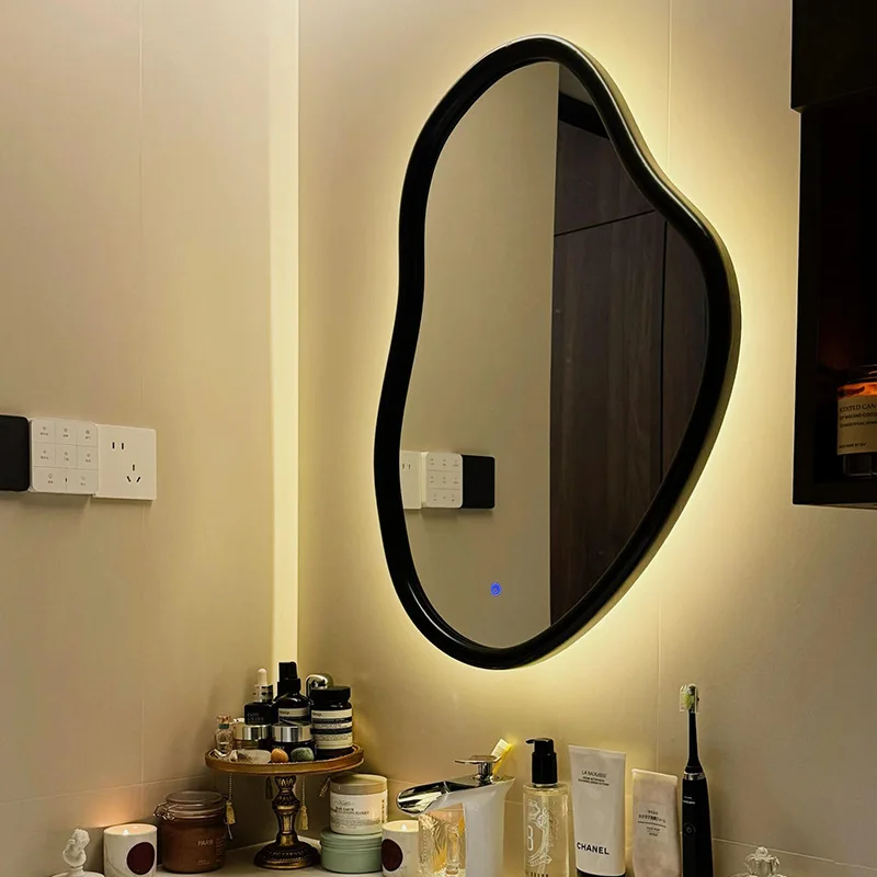 Special-shaped rubber wood solid wood antique walnut wall hanging copper-free touch Led defogging high definition makeup mirror