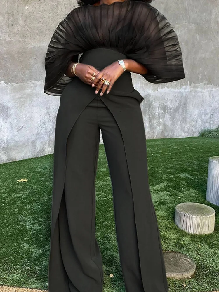 Women 2 Piece Outfit Pleated Sheer Cape Top High Waist Split Flare Pants Formal Party Matching Set