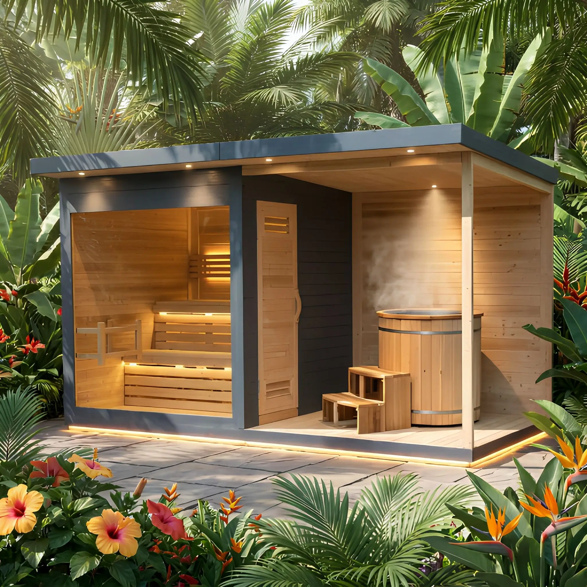 Protessional Outdoor Sauna Room With Cold Plunge Tub Thermo Wood Sauna House For Wellness Contrast Therapy Hotel Resort Recovery