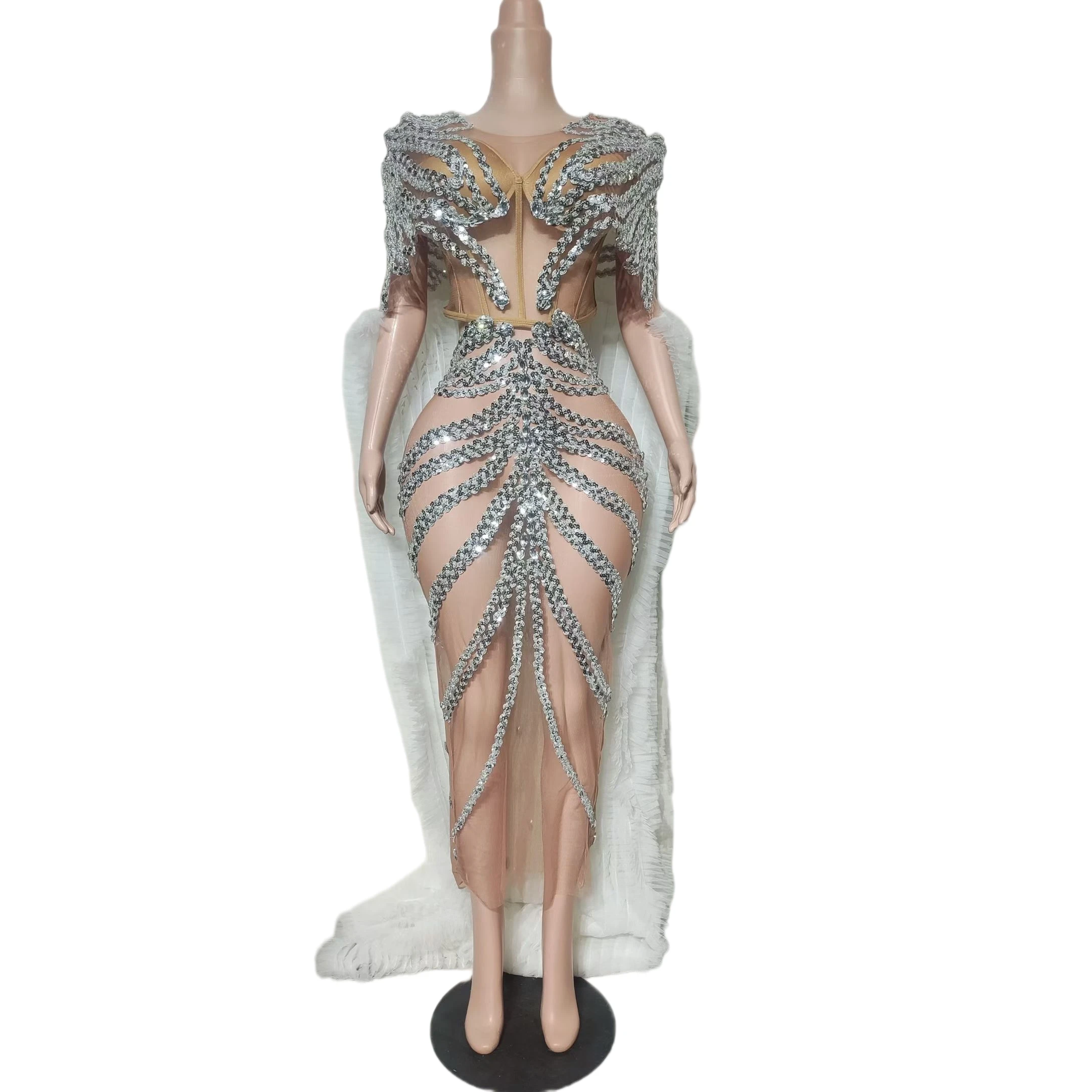 

Nude Sheer Mesh Crop Tops Long Skirt 2Pieces Set Silver Sparkly Rhinestone White Feather Trailing Backless Bodycon Party Gown
