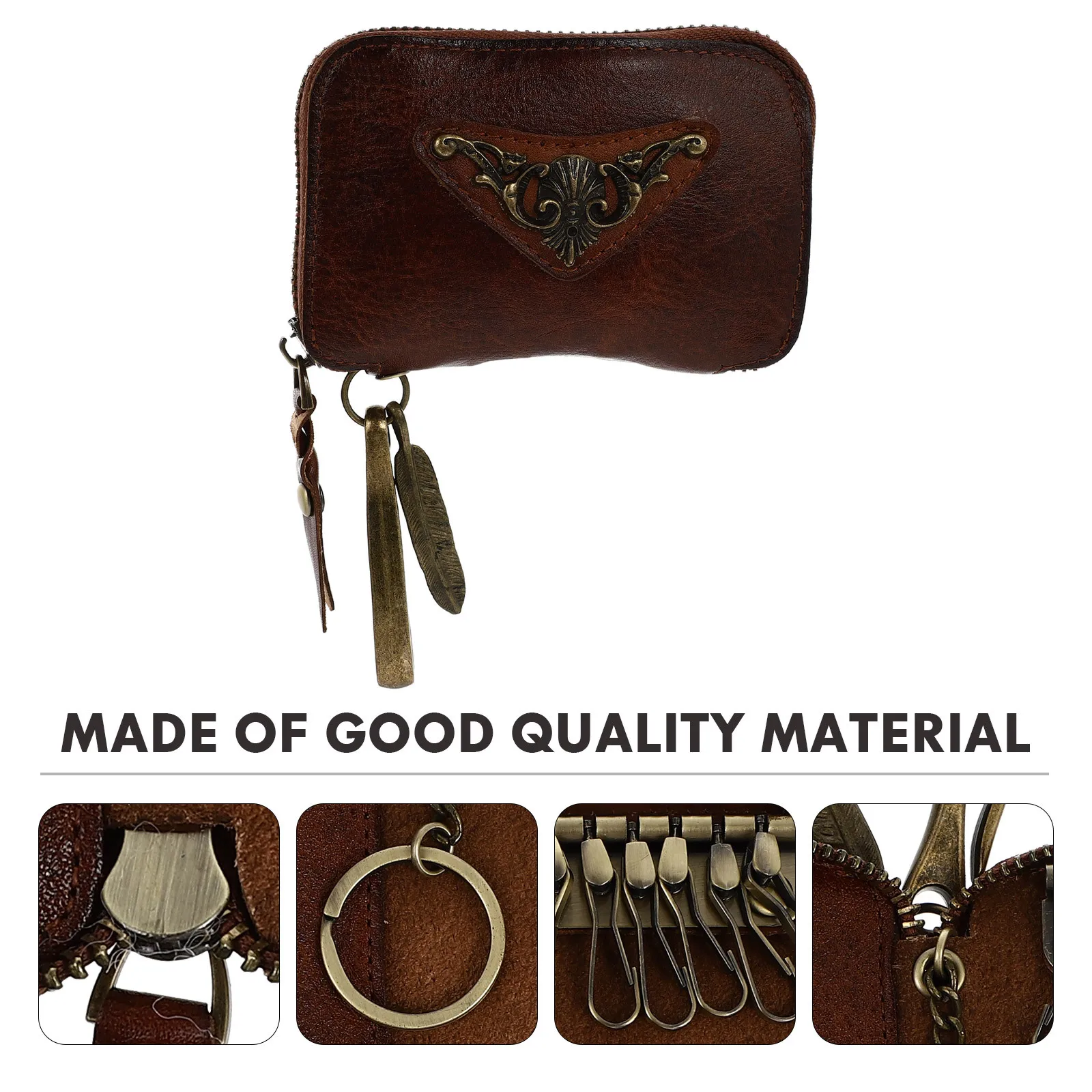 

1pc Cowhide Retro Design Zipper Case Large Storage Portable Waist Hanging Organizer Car Key Case Zipper Key Bag