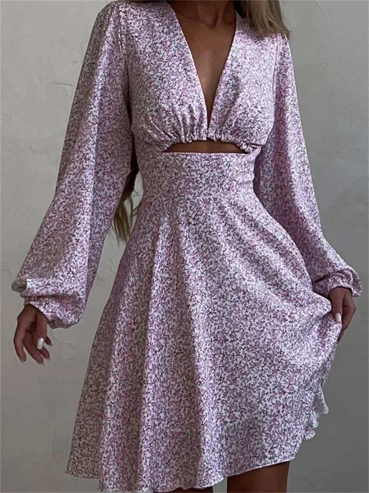 V-ausschnitt Gedruckt Mini Kleid Für Frauen Sommer 2023 Mode Aushöhlen Elegante Langarm Kleid Outfits Patchwork Slin Kleid