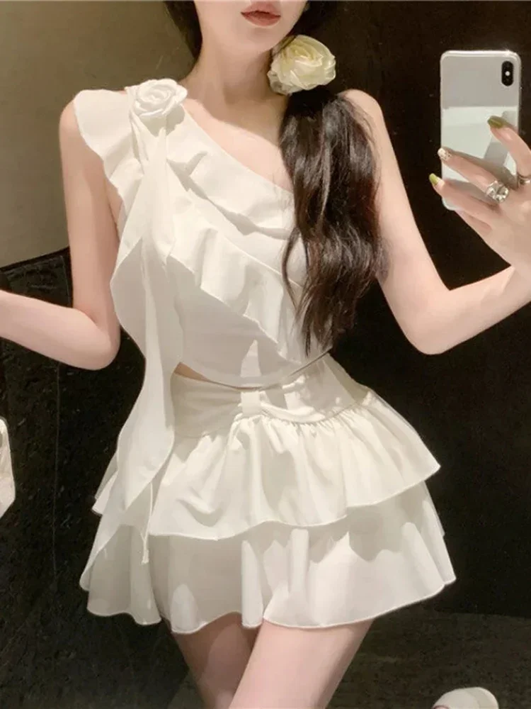 

Летний корейский дизайн Y2K, сексуальный комплект, юбка, новая модная женская нерегулярная юбка с открытыми плечами, женский топ с высокой талией, полуюбка, комплект из двух предметов