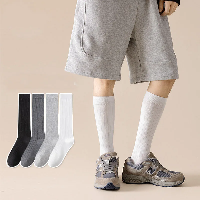 4 Pairs Man Long  Socks Business Cotton Striped Solid Anti-Bacterial,Breathable,Warm Below Knee Calf Crew Socks Gentleman Sokken