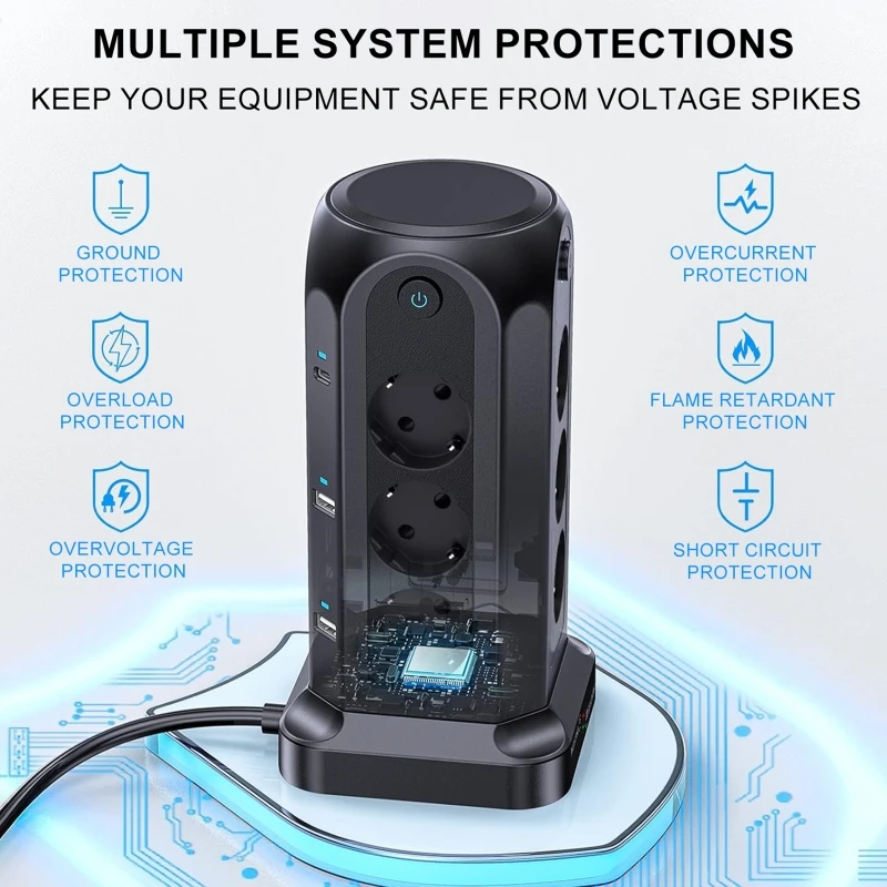 

Многорозеточный блок питания Tower с 12 AC-портами, 4 USB-A и 2 USB-C портами, настольный, с защитой от перенапряжения, удлинитель 2 м для дома