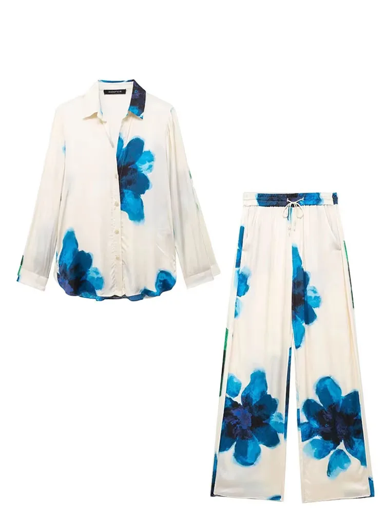 2024 Female Pants Sets Beach Style Floral Stain With Button Shirt+ Elastic Waist Wide Leg Pants Woman Summer Casaul Sets