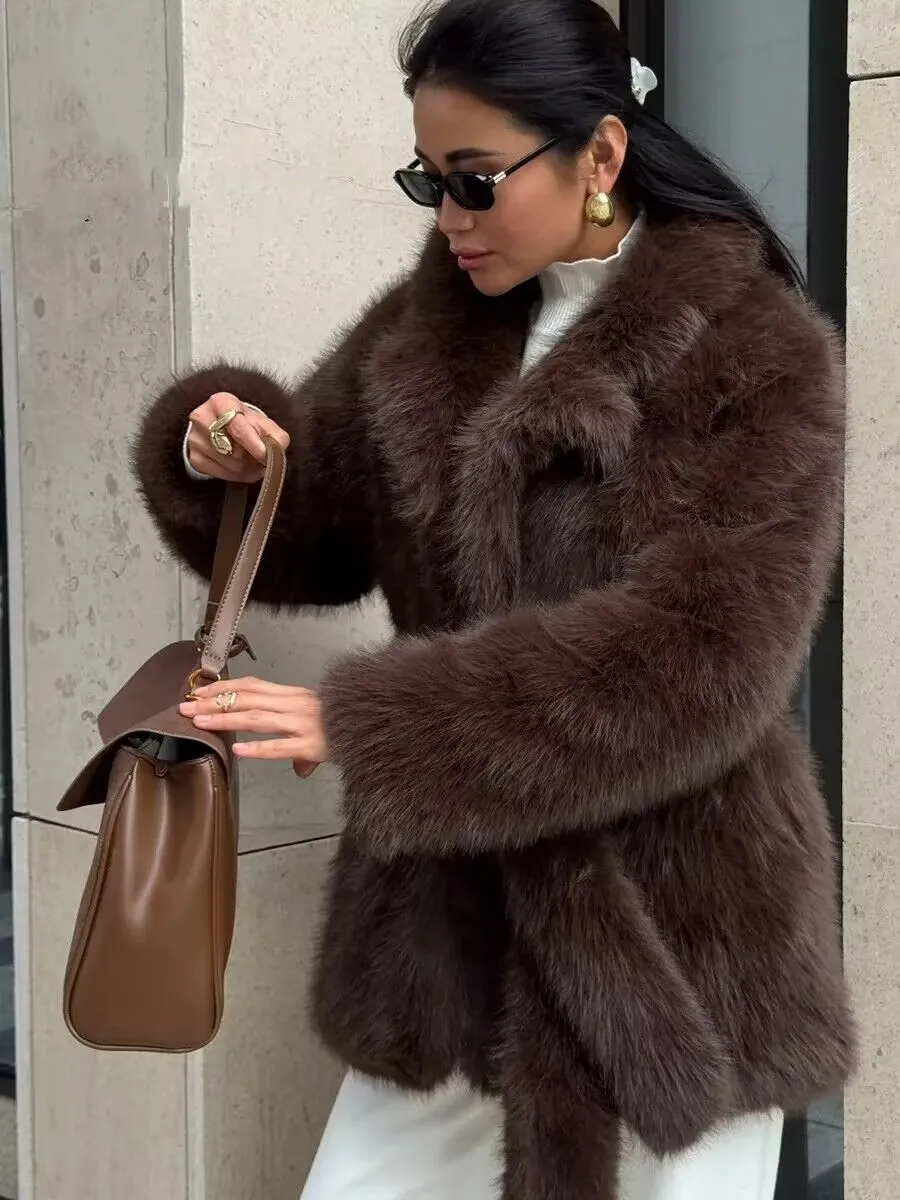 Manteau d'hiver épais en fausse fourrure pour femmes, mi-long, ceinturé, pardessus avec col de costume, vestes en fausse fourrure en peluche, Streetwear