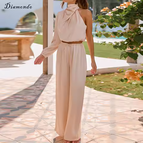 Ladies Long Sleeve Top and Full Length Trouser - Sexy Stylish Top and Wide-Leg Trouser - Simple Elastic Waist Elegant Evening Party