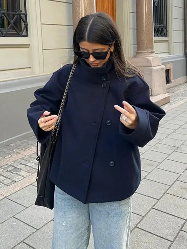 

2025 Autumn/Winter Women's Women's Jacket Elegant Stand up Collar Buckle Short Loose Woolen Coat