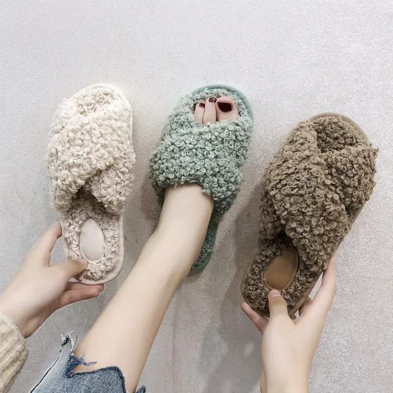 Cross Band Home Fur Slides Ladies Curly/straightly Femmes Pantufles Mixed Colors Comfy Indoor Fluffy Slippers Sexy