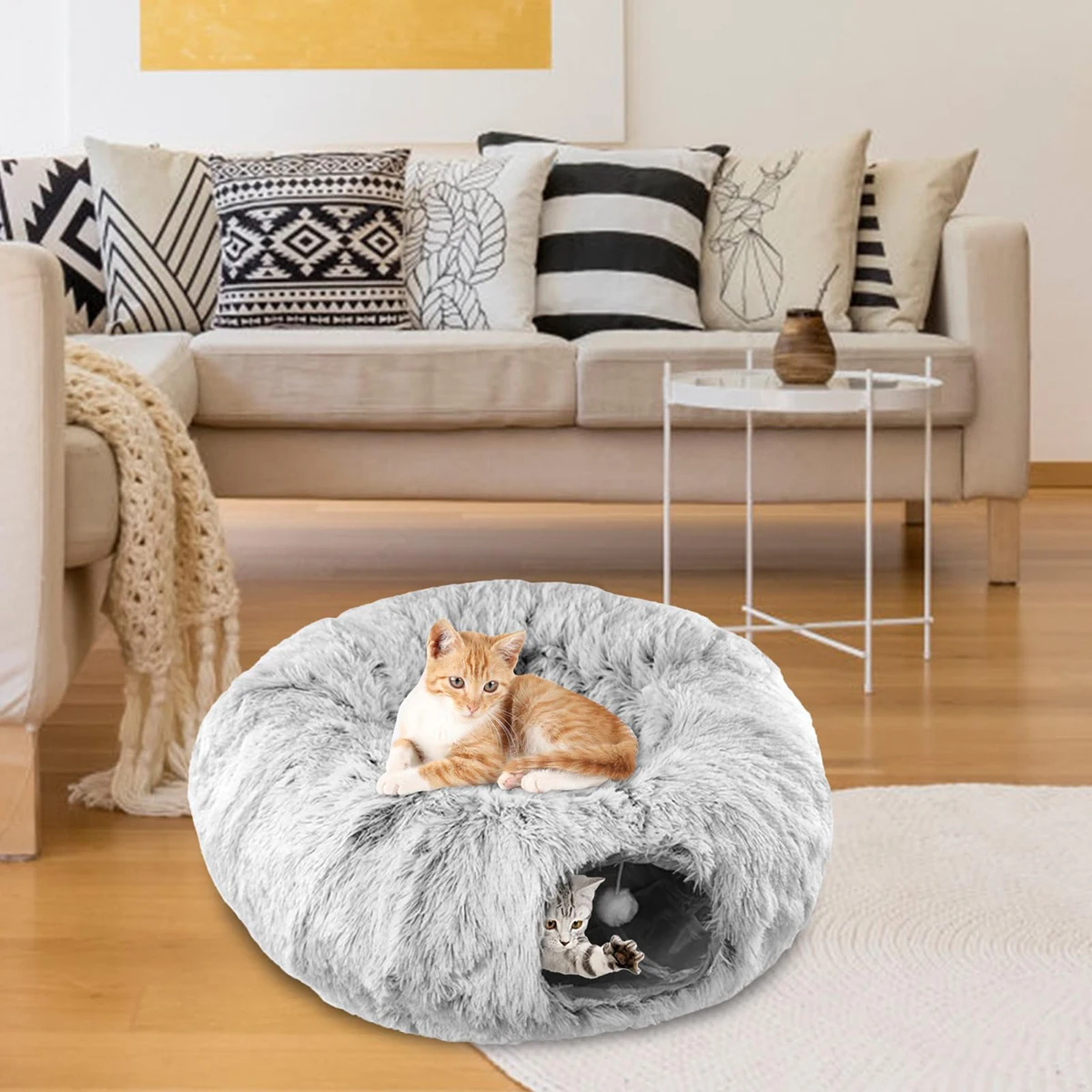 Plush Cat Bed with Tunnel for Indoor Cats, Multifunctional Cat Tunnel Bed with Peephole, Fluffy Donut Cat Bed with Tunnel