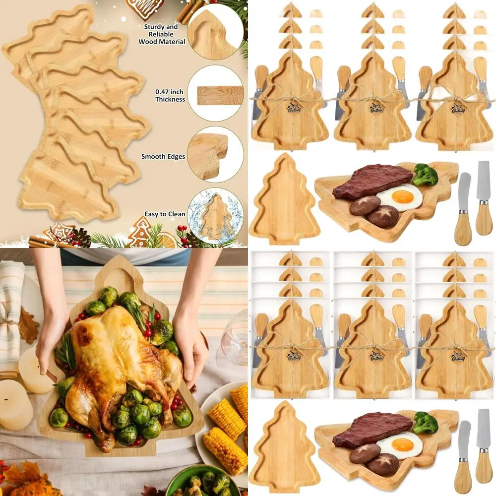 

Set of 12 Bamboo Christmas Tree Cutting Boards with Cheese Knives, Ideal for Holiday Parties and Kitchen Use