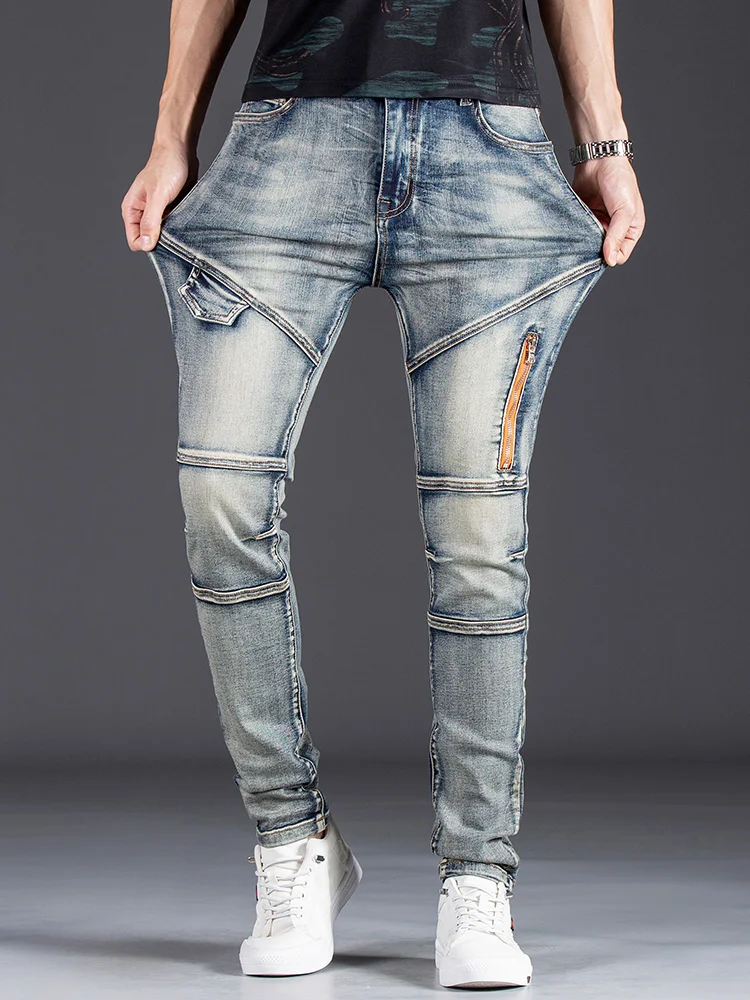 

Retro Spliced Stretchy Slim Fit Men's Jeans Autumn New Sle Youthful Wear Resistant Small Straight Foot Motorcycle Brand Lon...