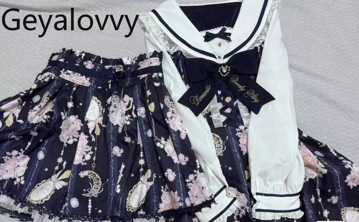 

Japanese Style Liz Autumn New Navy Collar High Waist Slimming Dress Sweet Girls Bow Long Sleeve Dress and Short Skirt Set