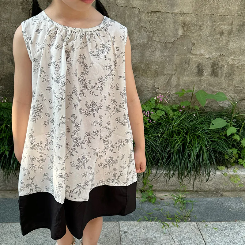 Girls Casual Dresses Forest Ink Wash Fragmented Flowers Color Blocking Sleeveless Long Baby Fashion 2024 Pleated Round Collar