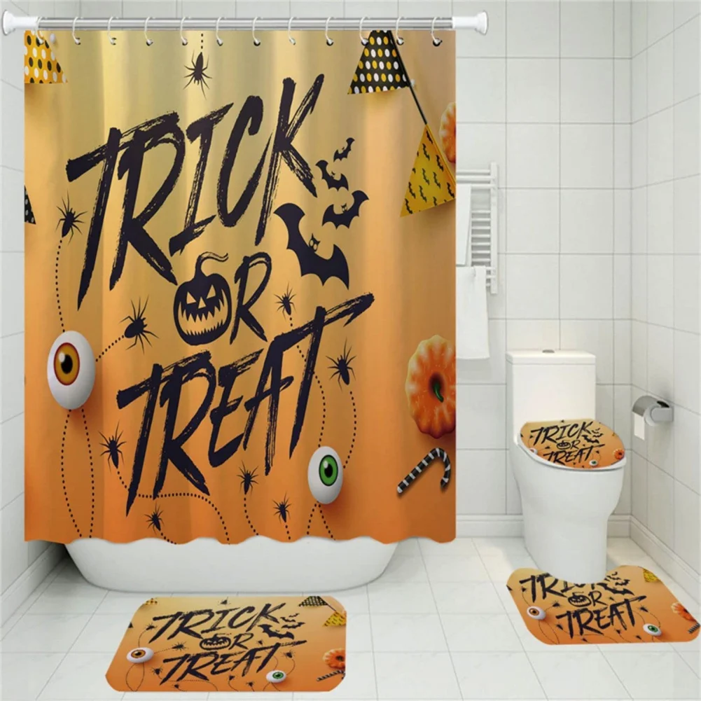 4pcs Halloween Printing Bathroom Accessories Set Waterproof Shower Curtain Non Slip Mat Toilet Cover Bathroom Decoration Kit