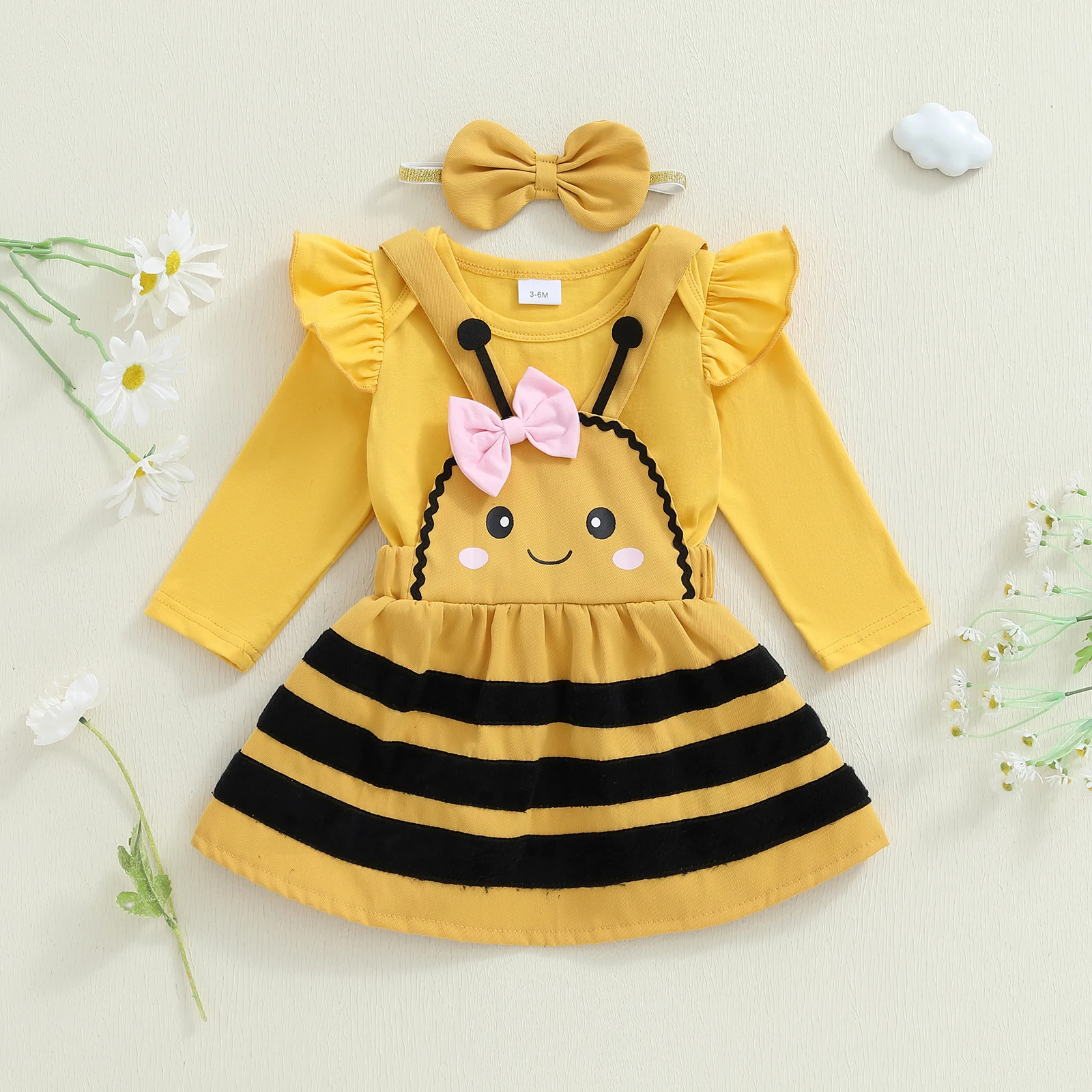 

Одежда для маленьких девочек на Хэллоуин, комплекты одежды с юбкой, комбинезон с длинными рукавами и круглым вырезом, юбка на подтяжках в виде пчелы, повязка на голову, комплекты из 3 предметов