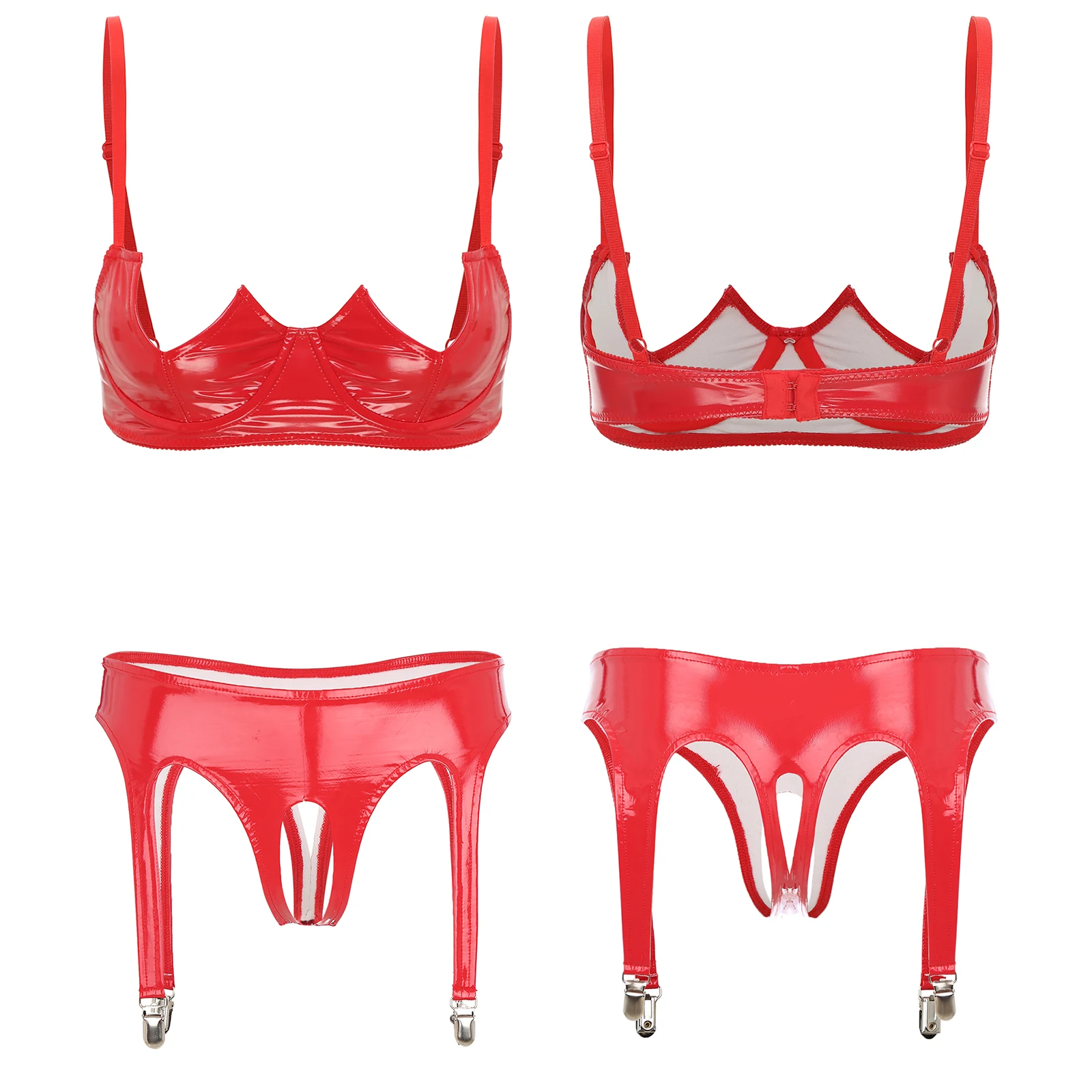 

Women Patent Leather Lingerie Outfit Wetllook V-Notch Underwired Bra and Opening Crotch Thongs with Garter Clips for Night Club