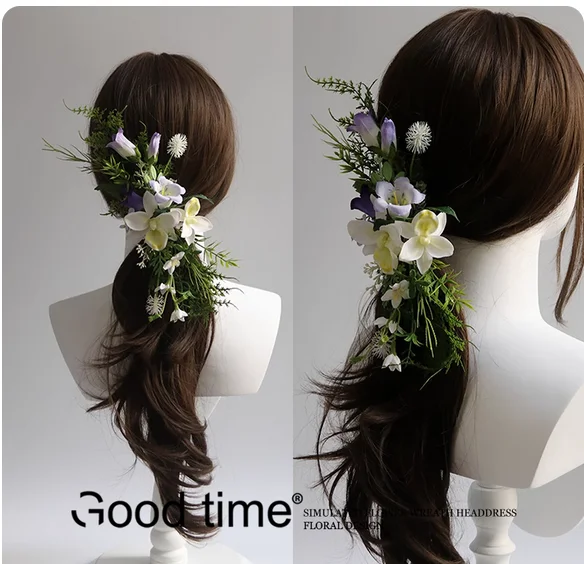 موري ماكياج التصوير الفوتوغرافي صور إكسسوارات الشعر دبوس الشعر العروس الزفاف ماكياج النمذجة غطاء الرأس إكليل الزفاف الأرجواني