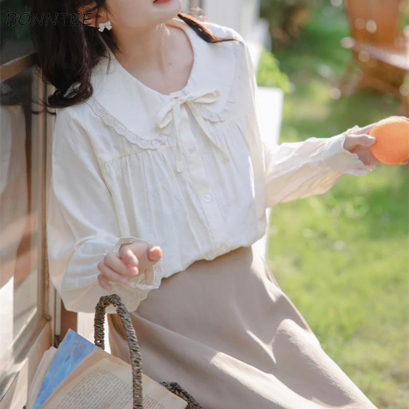 Japanese Style Shirt Women Peter Pan Collar Lace Patchwork Chic Gentle Stylish Loose Fit Ins All-match Popular Spring Young Cute