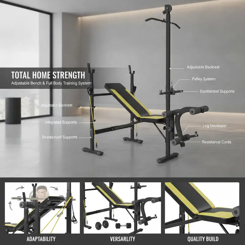 Banc de musculation réglable noir et jaune, équipé de cordes de traction, d'un curler pour les jambes, d'un support pour barre et d'un support pour haltères. Ajustement flexible du dossier répondant à divers besoins d'entraînement pour l'exercice des muscles de la poitrine, des épaules, des jambes et des bras.