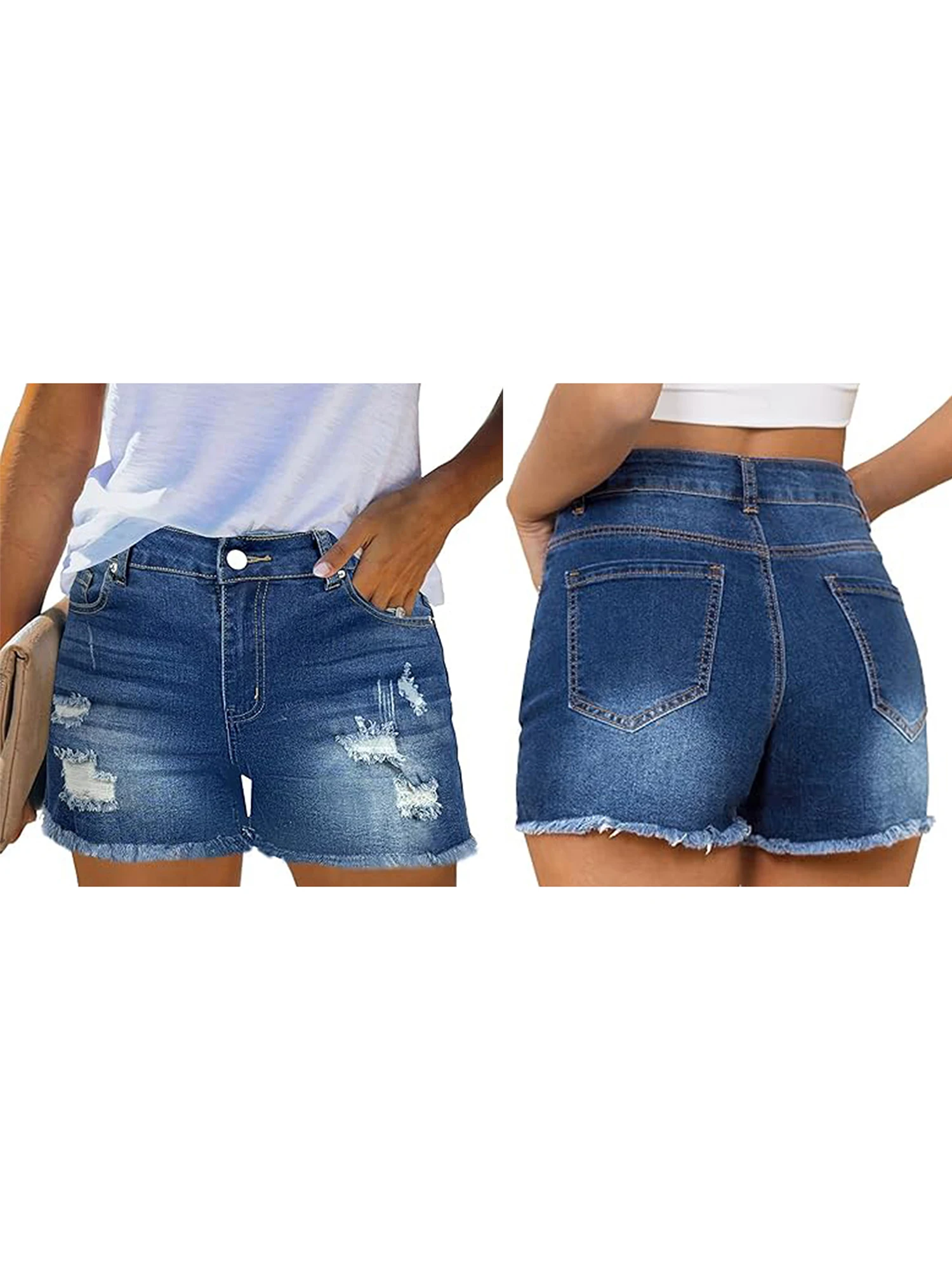 レディースカジュアルサマーハイウエストダメージデニムショートパンツ、裾とポケット付き
