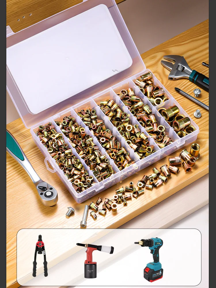 830Pcs Flat Head Rivet Nut Set Carbon Steel Zinc Plated Threaded Insert Automotive Furniture Hardware Assortment Kit