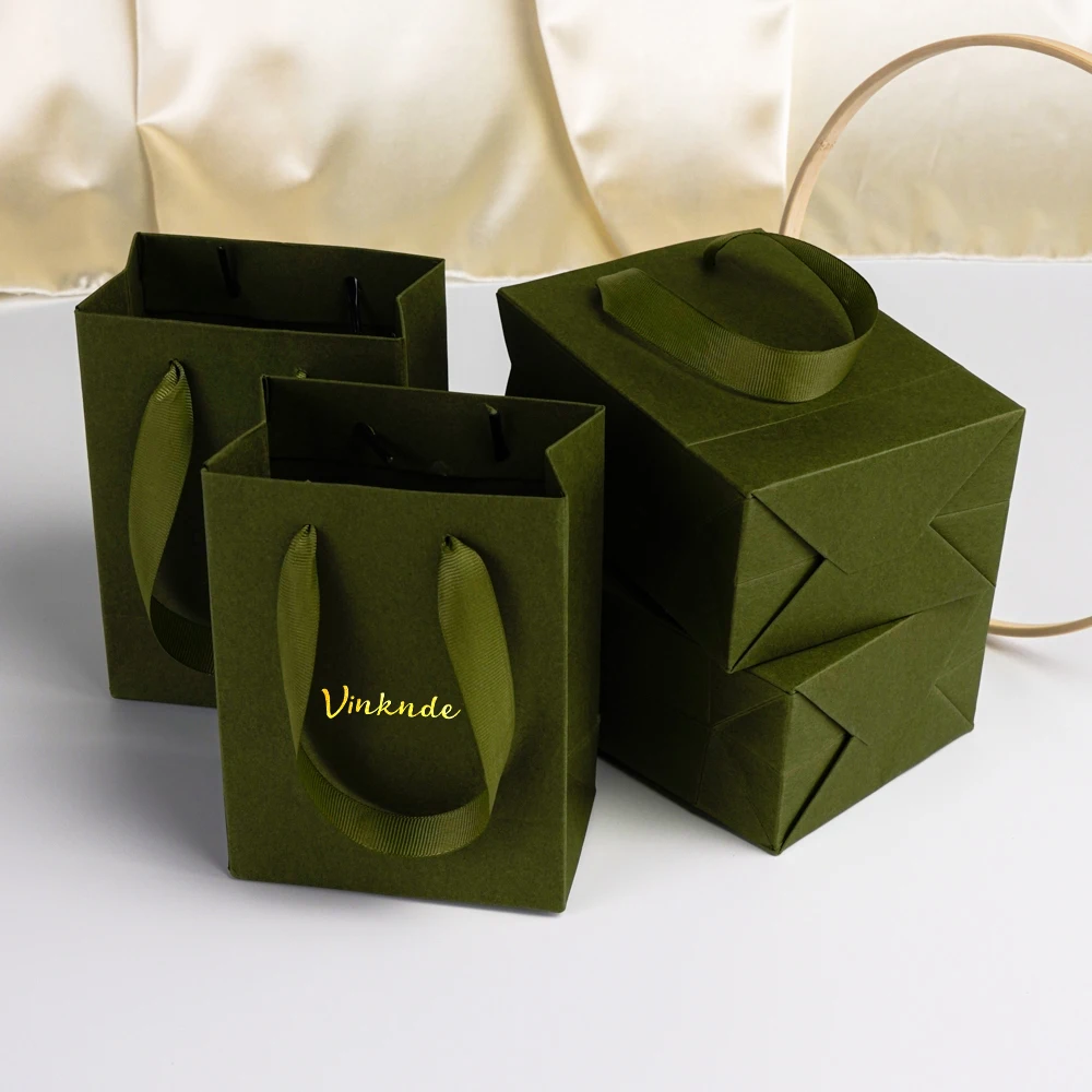 

Бумажная большая сумка с логотипом оливково-зеленого цвета, персонализированная 15x6x12 см, подарочная упаковка для свадьбы, детского душа, сумки для ювелирных изделий, конфет, цветов