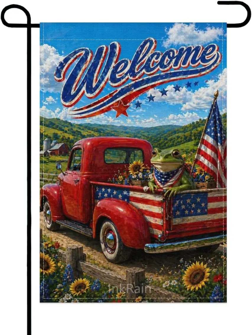 InkRain Welcome Patriotic Frog American Truck Sunflower Decorative Garden Flag 12x18 Inch Double Sided Burlap Outdoor Yard F AAM