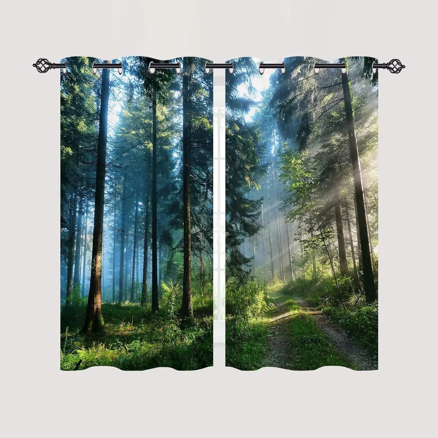 Forest Curtains W42 x L63 Inch Grommet Nature Jungle Misty Forest Sunshine Woodland Tree Path Scenery Print Pattern Light Filter
