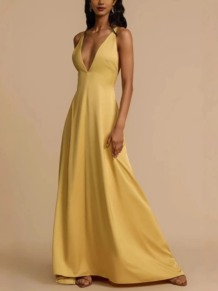 

2025 New Summer Sexy Open Back V-Neck Satin Solid Color Long Dress Women