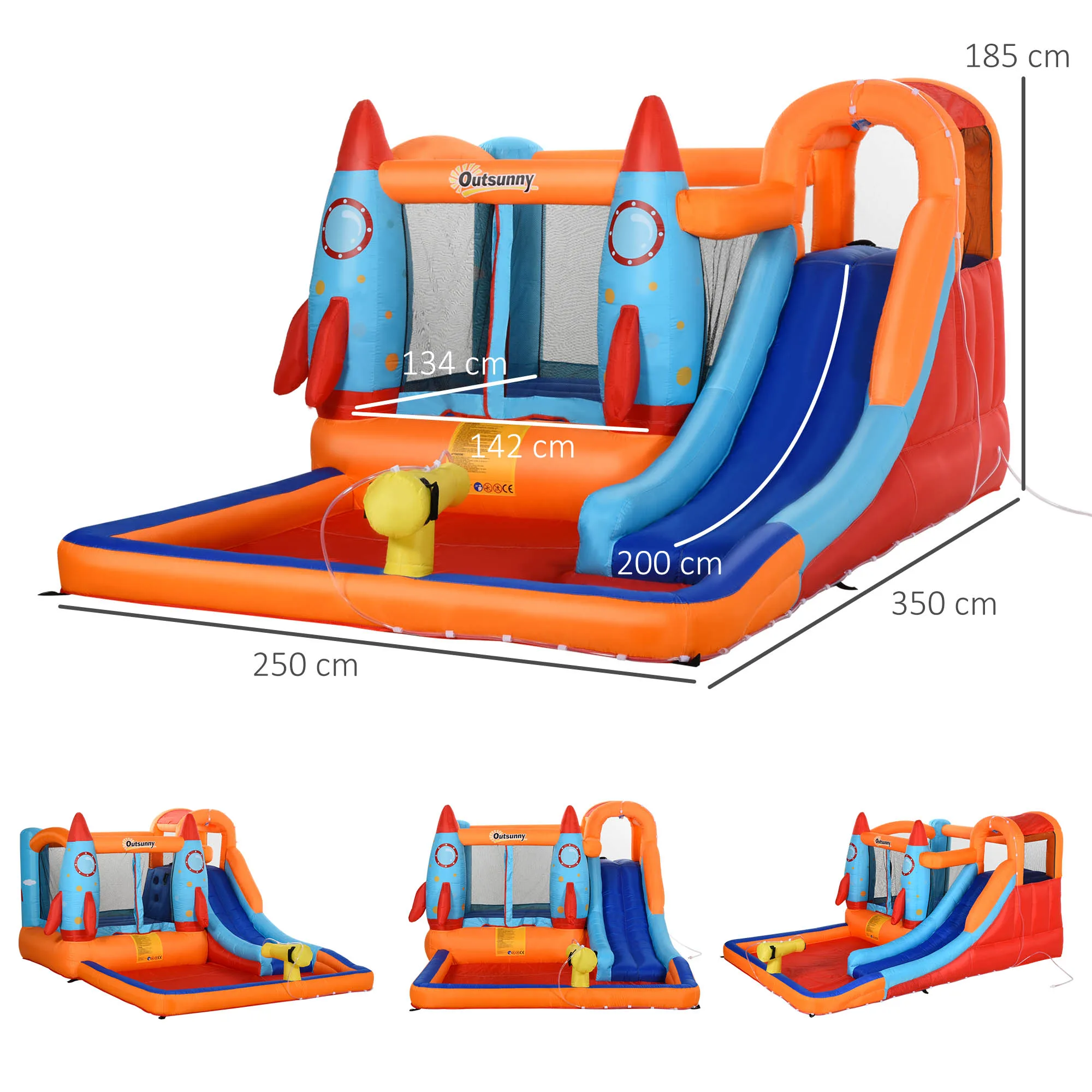 Immagine 4: Outsunny Castello Gonfiabile per Bambini 5 in 1 con Scivolo, Trampolino, Piscina, Parete da Arrampicata e Pistola ad Acqua, Gioco Gonfiabile per 4 Bambini 3-8 Anni, 350x250x185 cm