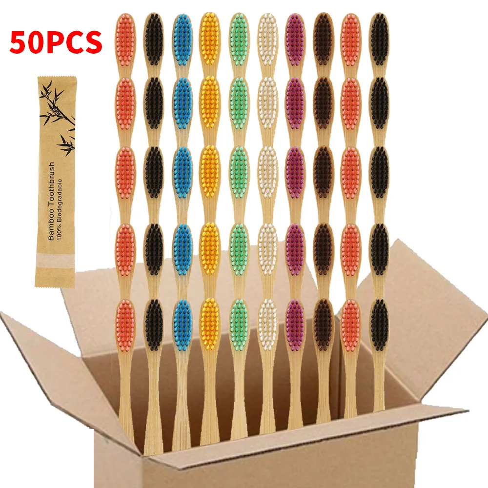 50 disposable bamboo soft bristled toothbrushes - biodegradable and easy to carry - essential for home and outdoor use