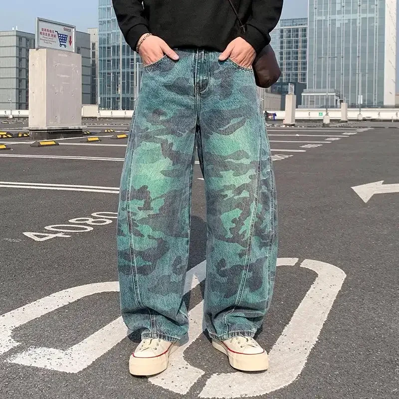 2026 New American Streetwear Style Patchwork Jeans with Contrast Color Camouflage Pattern for Men, Loose Straight Pants, High St