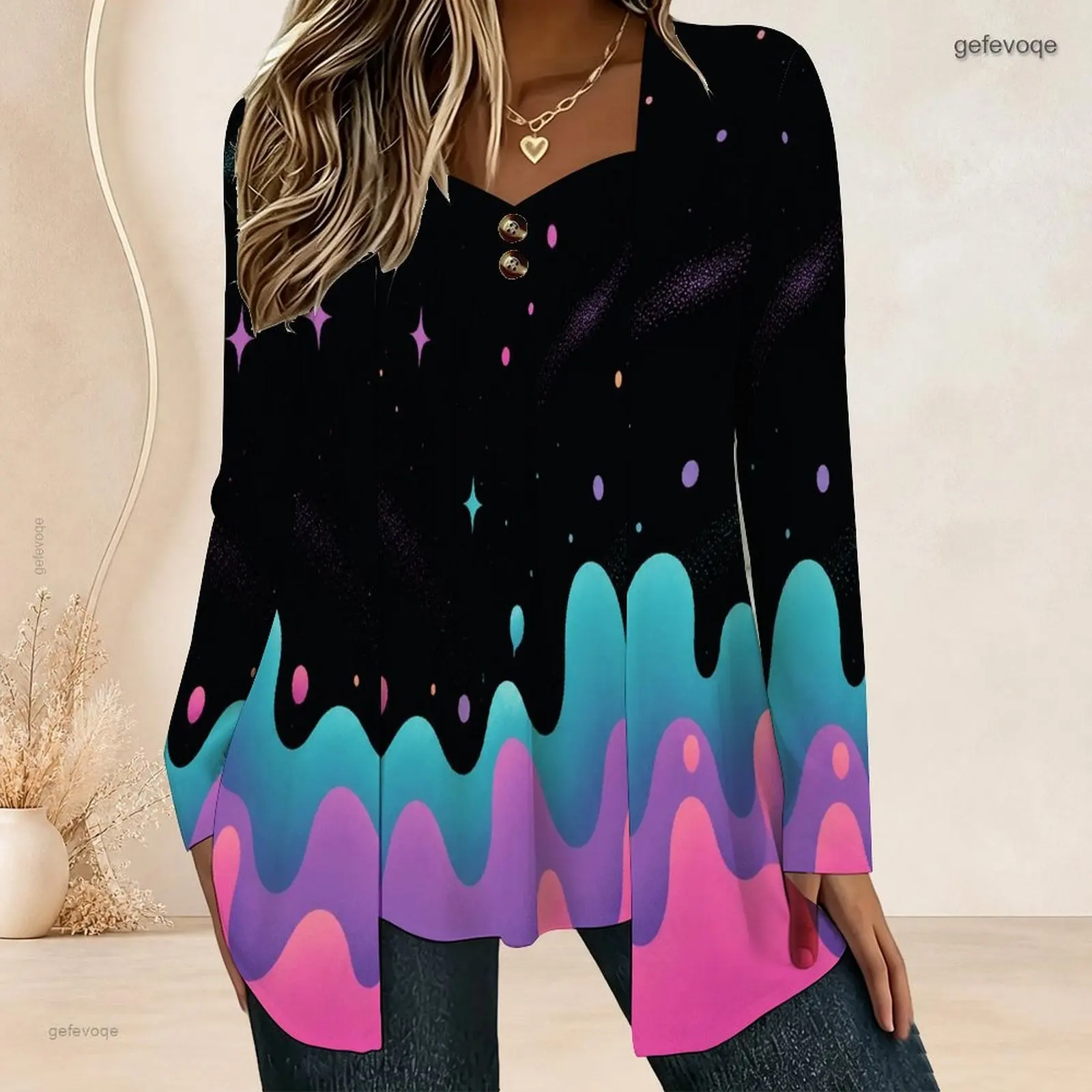 Women Fake Two Piece Long Sleeve Blouse Open Cardigan With Cami Top V Neck Button Detail Pleated Front Loose Tunic Oversize