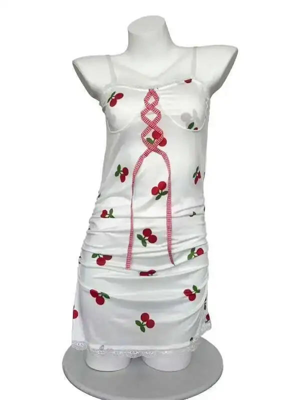 Sexy puro desiderio pizzo morbido garza dolce carino dolce ciliegia cinturino camicia da notte corto serbatoio mini abito elegante coreano top GAG5