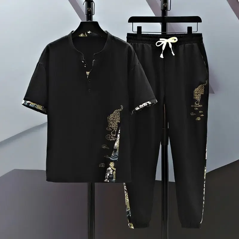 

Nylon T-shirts Pants Suits for Men Graphic Print Essential Korean Two Piece Set Outfits Slim Fit Elastic Loose Man Trousers Sets