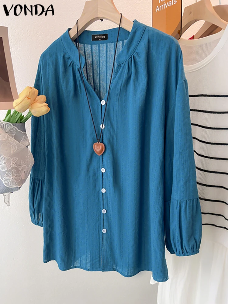 VONDA 100% Cotton Shirts Women Autumn Long Sleeve Blouse 2025 Fashion Puff Sleeve V-Neck Elegant Office Lady Tops Casual Blusas