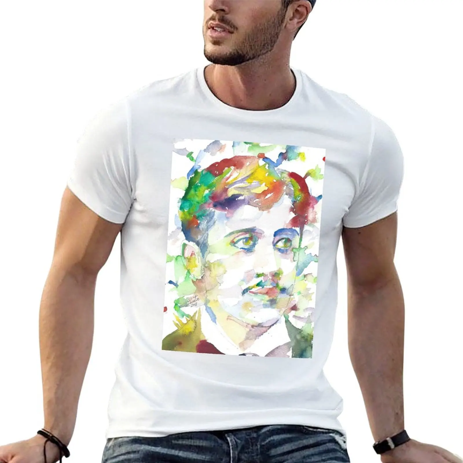 MARCEL PROUST - retrato en acuarela .1 Camiseta de algodón, camisetas gráficas para hombre, camiseta para hombre