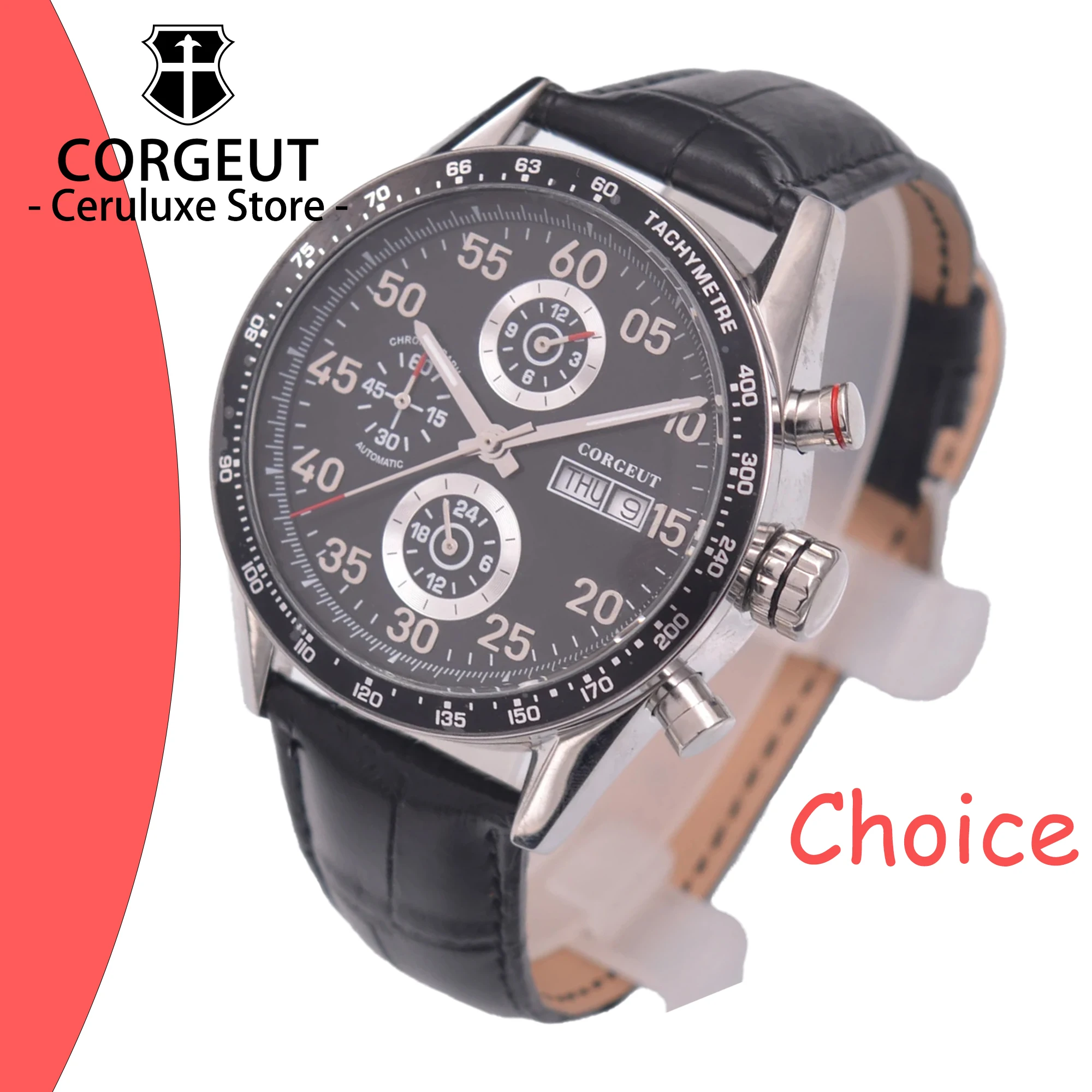 

Corgeut 44mm Automatic Mechanical Men's Watch Multi-Function Date Month Watch Leather Strap Black Dial Watch Fit Hangzhou 2350