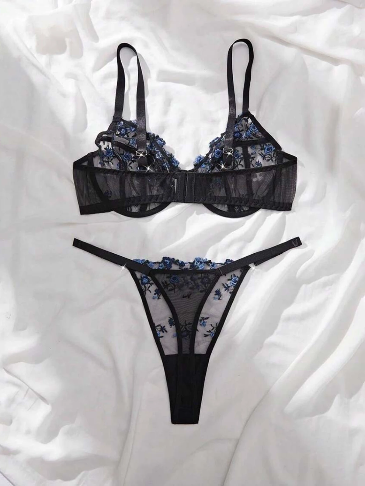 SsTss Sexy 2-delige bh-sets Dames Ultradunne doorzichtige mesh-lingerieset Mooie bloemenborduurwerk Transparant ondergoed