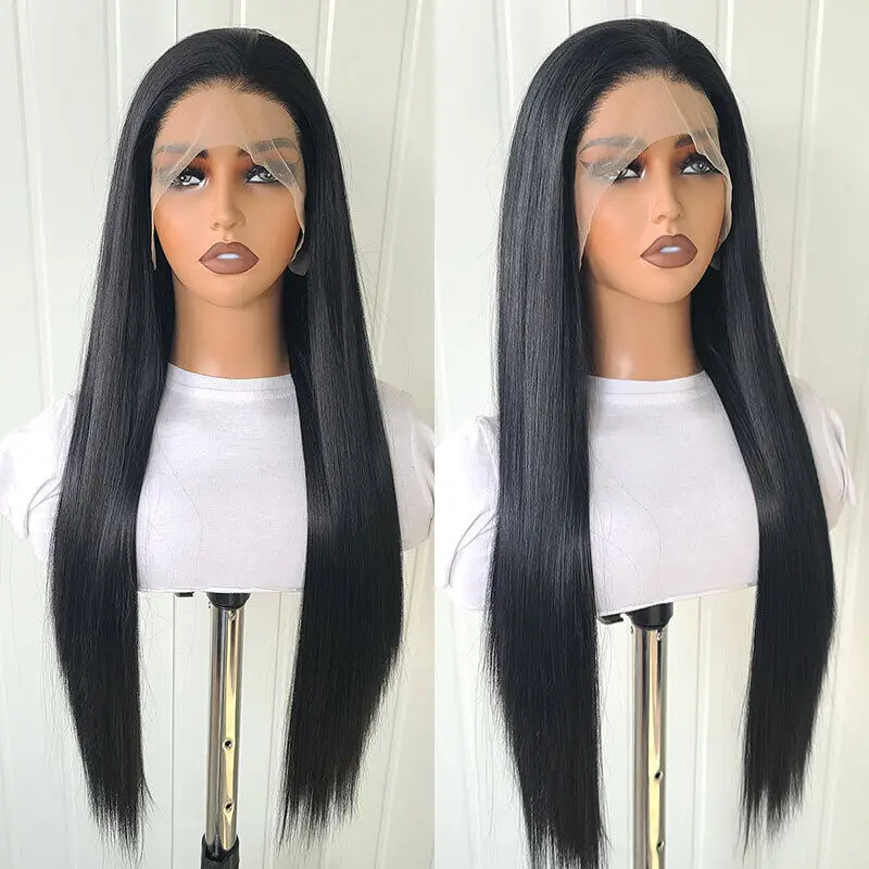 Rambut sintetis Wig renda Frontal tahan panas Wig lurus panjang hitam