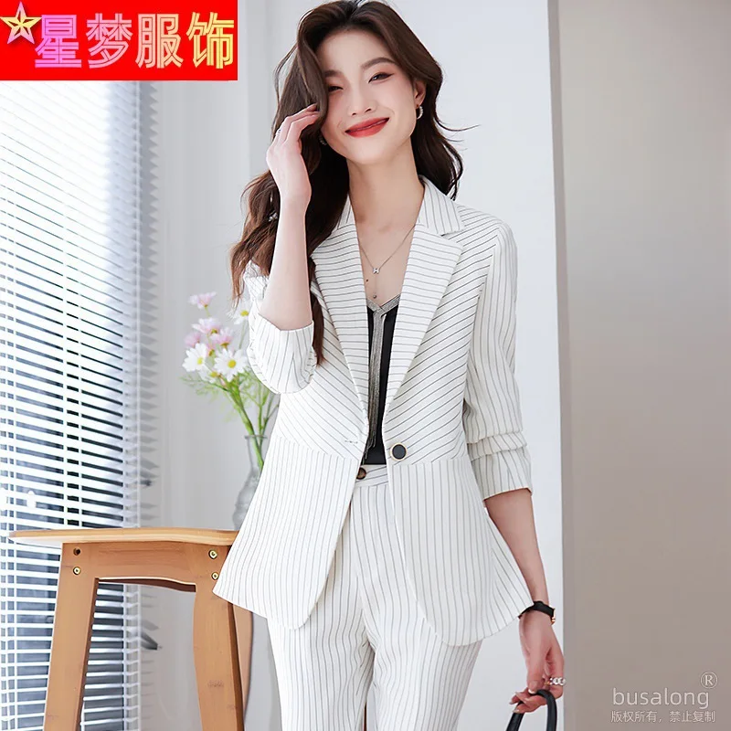 Blue Striped Suit Female 2023 New Spring and Autumn Temperament Goddess Style Business Clothing Jewelry Shop Workwear