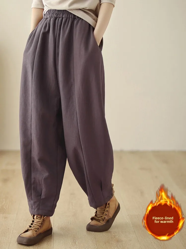 Spodnie Harlan z podszewką Thiened Fce, damskie, zimowe, ciepłe, z elastyczną talią, do noszenia w domu, plus size, długie spodnie, odzież wierzchnia.